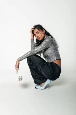 Jewel Sequins Cropped Turtleneck Top | Silver | Colourful Rebel Cheap
