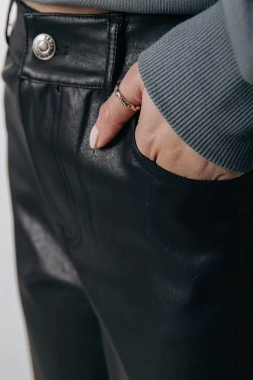 Livia Mid Rise Vegan Leather Pants | Black | Colourful Rebel Fashion