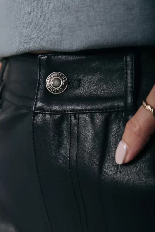 Livia Mid Rise Vegan Leather Pants | Black | Colourful Rebel Fashion