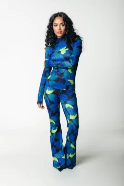 Moved Flower Peached Extra Flare Pants | Vibrant Blue | Colourful Rebel Outlet