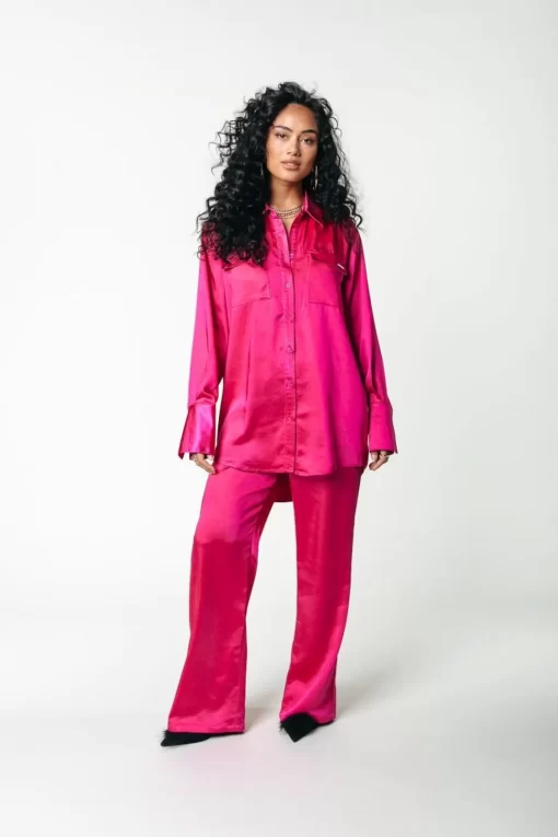 Oletta Satin Button Down Blouse | Fuchsia | Colourful Rebel Best Sale